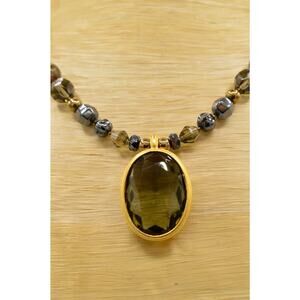 Mei Fa Statement Necklace Gray Beaded Brushed Gold Crystal Pendant Signed Bin3C
